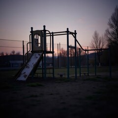 Fototapeta premium Empty playground at sunset with melancholy atmosphere and twilight sky