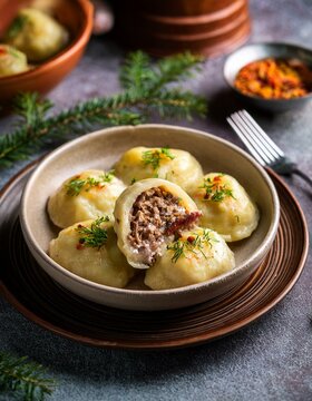 Generated image  Savory Polish pyzy (potato dumplings) filled with meat