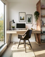 Generated image Scandinavian home office with a clean, organized desk, ergonomic chair, and a large window