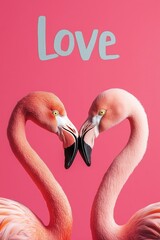 Naklejka premium Two Flamingos Forming a Heart Shape Against a Pink Background with 'Love' Text