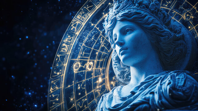 Virgo zodiac sign against horoscope wheel. Astrology calendar. Esoteric horoscope and fortune telling concept