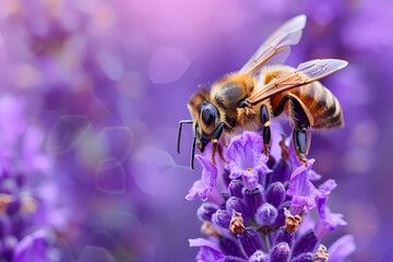 A bee sits on lavender flowers in close-up on a blurred purple background with space for text