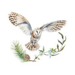 Barn owl with green twig, spruce branch and cone, watercolor. Vector illustration of forest bird. Cards, invitations, covers, wildlife protection day.