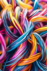 Abstract colorful swirls, vibrant, intertwined strands.