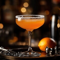 Elegant orange cocktail with sugar rim and warm bokeh background