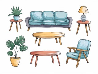 Illustrated Living Room Furniture and Plants Set