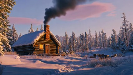 Cozy log cabin in a snow-covered landscape during a serene winter evening with smoke rising from the chimney - Powered by Adobe