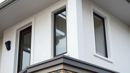 Fototapeta premium Modern House Exterior with Clean Lines and Minimalist Design. High-end Real Estate Photography showcasing architectural details and contemporary style.