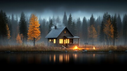Obraz premium Cozy Autumn Cabin by the Lake with Bonfire