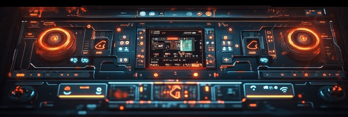 Obraz premium Futuristic DJ console interface glows; digital music mixing; screen displays waveform