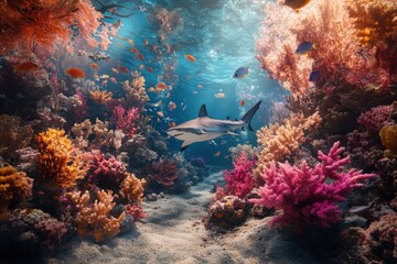 Vibrant underwater scene with reef shark and colorful coral