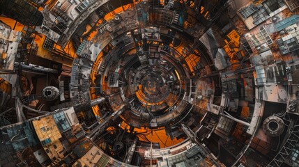 Aerial view of a complex dystopian industrial landscape with metallic and glass structures