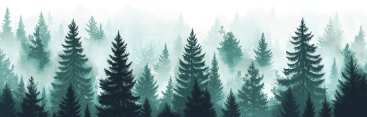 Fototapeta premium Seamless natural panoramic background, misty landscape with fir forest, hipster vintage retro style