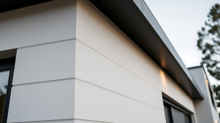 Modern House Exterior: Clean Lines and Minimalist Design.  A stunning contemporary home with a sleek white facade and black roofline. High-end real estate photography.