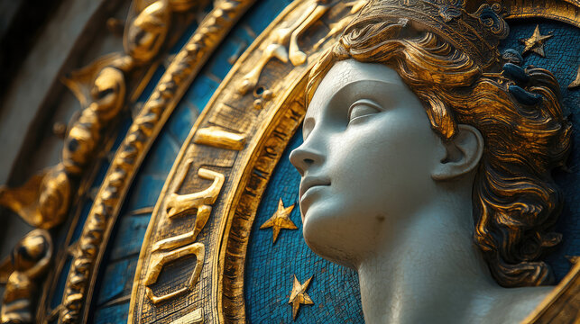 Virgo zodiac sign against horoscope wheel. Astrology calendar. Esoteric horoscope and fortune telling concept