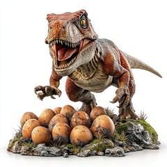 Fototapeta premium Tyrannosaurus Rex guarding eggs; prehistoric scene; education, museum exhibit