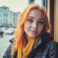 Fototapeta premium Person with long wavy hair, black jacket, yellow scarf, posing in urban setting