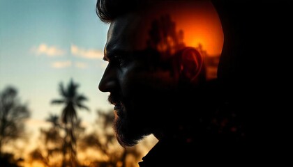 double exposure portrait of a majestic man with a double exposure, depicted in profile against a background of books and a sunset sky. The image is made on a black background with photorealistic