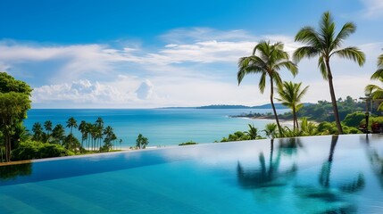 Luxury Infinity Pool Overlooking Stunning Tropical Beach and Ocean; Vibrant Turquoise Waters, Lush Green Palm Trees, and a Breathtaking Blue Sky      