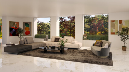 Large luxury modern bright interiors Living room mockup illustration 3D rendering image
