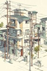 Apartment buildings, tangled wires, urban scene.