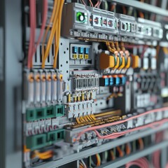 Complex circuitry, colorful wires, intricate system.