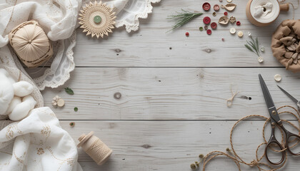 Crafting and sewing experience. Cotton material, sewing tools for embroidery on a wooden surface. Thread spool, scissors, buttons, sewing materials. Collection for handcrafted items with blank area
