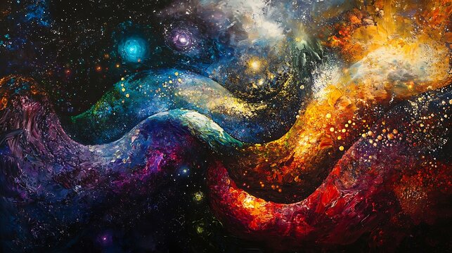 Abstract depiction of cosmic phenomena with vibrant energy fields and swirling galaxies