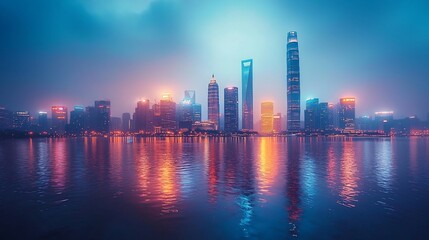Obraz premium Cityscape with towering monuments from multiple countries all illuminated in colorful lights showcasing the harmony of world cultures on Cultural Day