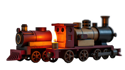 Photo of Vintage toy train model made of blocks isolated on transparent background