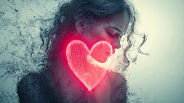 Unhappy young woman suffering from love with closed eyes, red heart symbol emerging from chest symbolizing painful attachment. Concept of toxic love and heartbreak