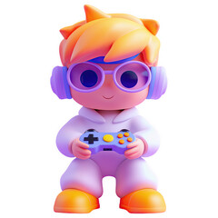 Fototapeta premium Colorful 3D character with headphones playing video games in a stylish outfit