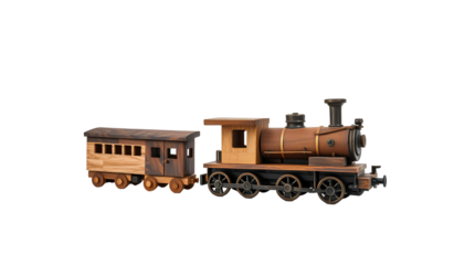 Photo of Vintage toy train model made of blocks isolated on transparent background
