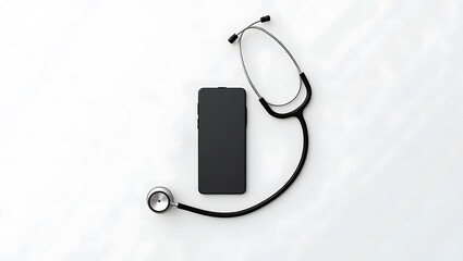 Medical technology, smartphone, stethoscope, medical equipment, telemedicine, digital health, minimalist, medical app, white background.