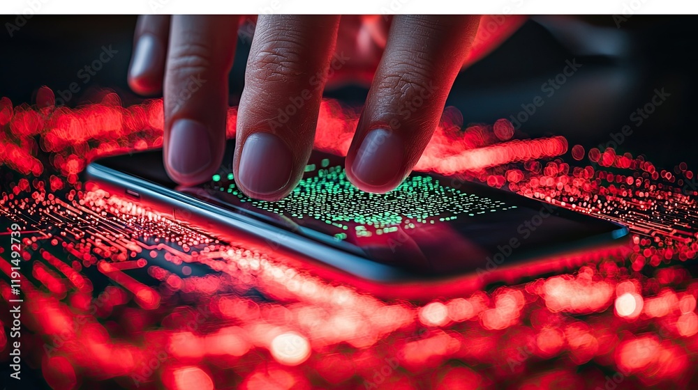 Poster fingertip interacting with digital data on mobile device