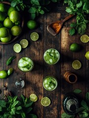 Vintage Spring Cocktail Flat-Lay with Mint and Lime on Wooden Background