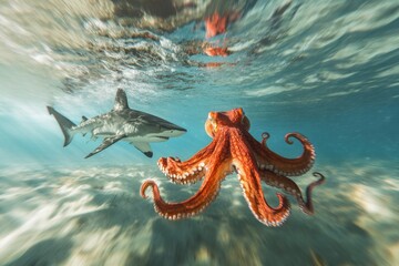 Dynamic photo of red octopus fleeing hammerhead shark