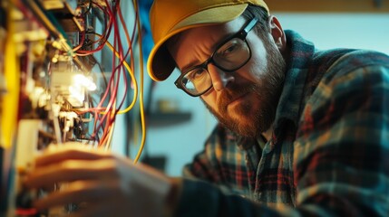 Obraz premium Bearded man meticulously works on electrical wiring.
