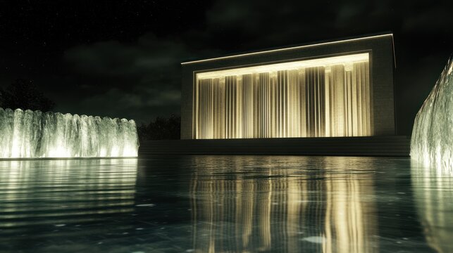 Architectural marvel at night with illuminated columns and reflective waters creating an ethereal scene
