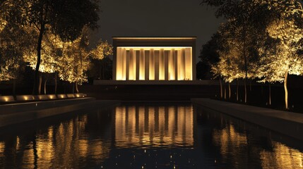 Obraz premium A stunning night view of a grand building with illuminated columns and reflective pool