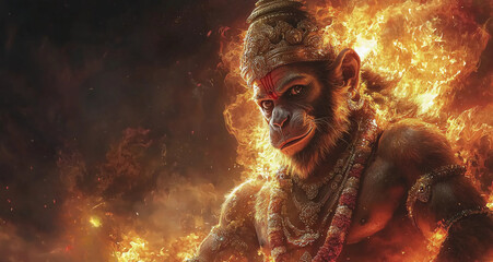 Stock image of intense Lord Hanuman emerging from blazing flames, exuding power and determination. Concept of courage, strength, and divine energy.