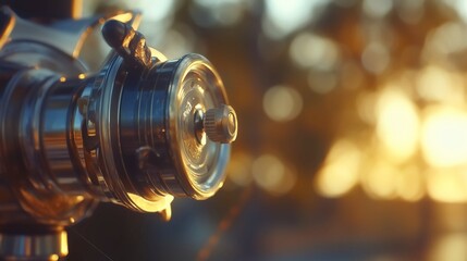 Detailed macro capture of a fishing reel in golden sunlight, highlighting intricate design and craftsmanship, perfect for outdoor lifestyle and fishing enthusiasts Copy space for text 
