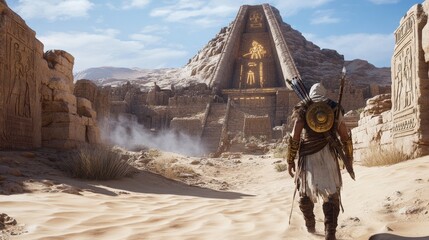 A lone warrior approaches an ancient Egyptian temple in the desert