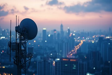 Communication tower, cityscape, sunset, antennas, urban.