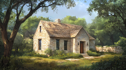 Obraz premium Traditional single-story limestone and cedar clad residence with rustic charm, surrounded by lush greenery and majestic oak trees outdoors. Glimmerstone. Illustration