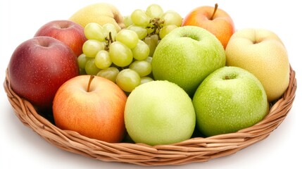 A vibrant fruit basket filled with assorted apples, green grapes, and pears, perfect for health-related content, dietary guides, or culinary websites emphasizing fresh produce,