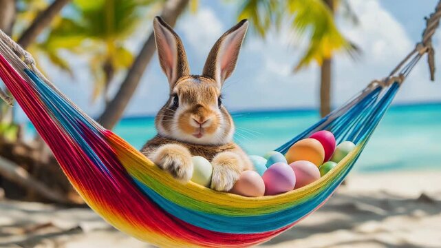 A funny rabbit rests comfortably in a brightly colored hammock while surrounded by Easter eggs on a serene beach setting