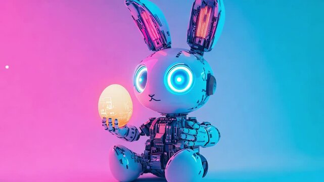 A glowing robotic bunny holds a luminous Easter egg, surrounded by vibrant blue and pink neon lights, showcasing creativity and innovation