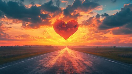 Heart-Shaped Sunset on a Road to the Horizon