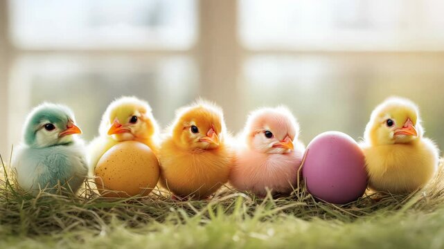 Fluffy baby chicks in various colors sit among colorful Easter eggs, creating a lively and cheerful atmosphere indoors